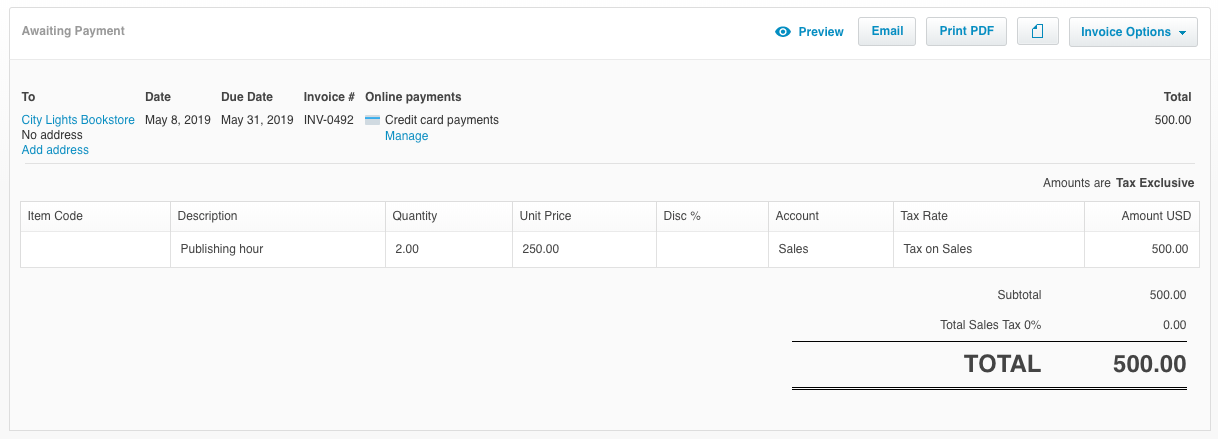 Xero invoice marked Awaiting Payment, with Preview, Email and Print PDF actions and a line item billed to City Lights Bookstore.